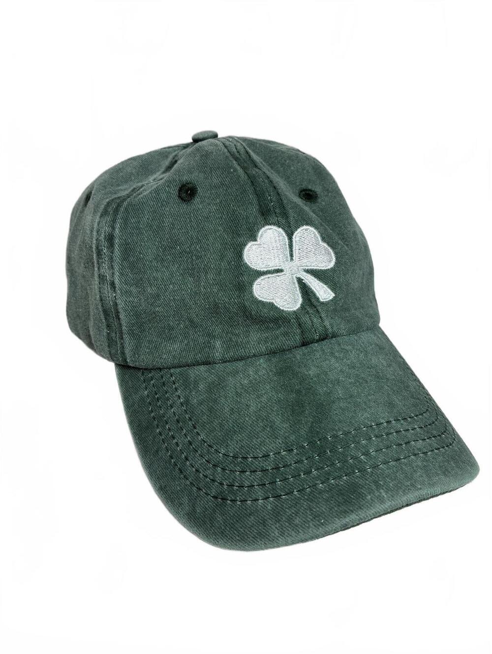 Green Washed Cotton Baseball Cap with White Shamrock Embroidery